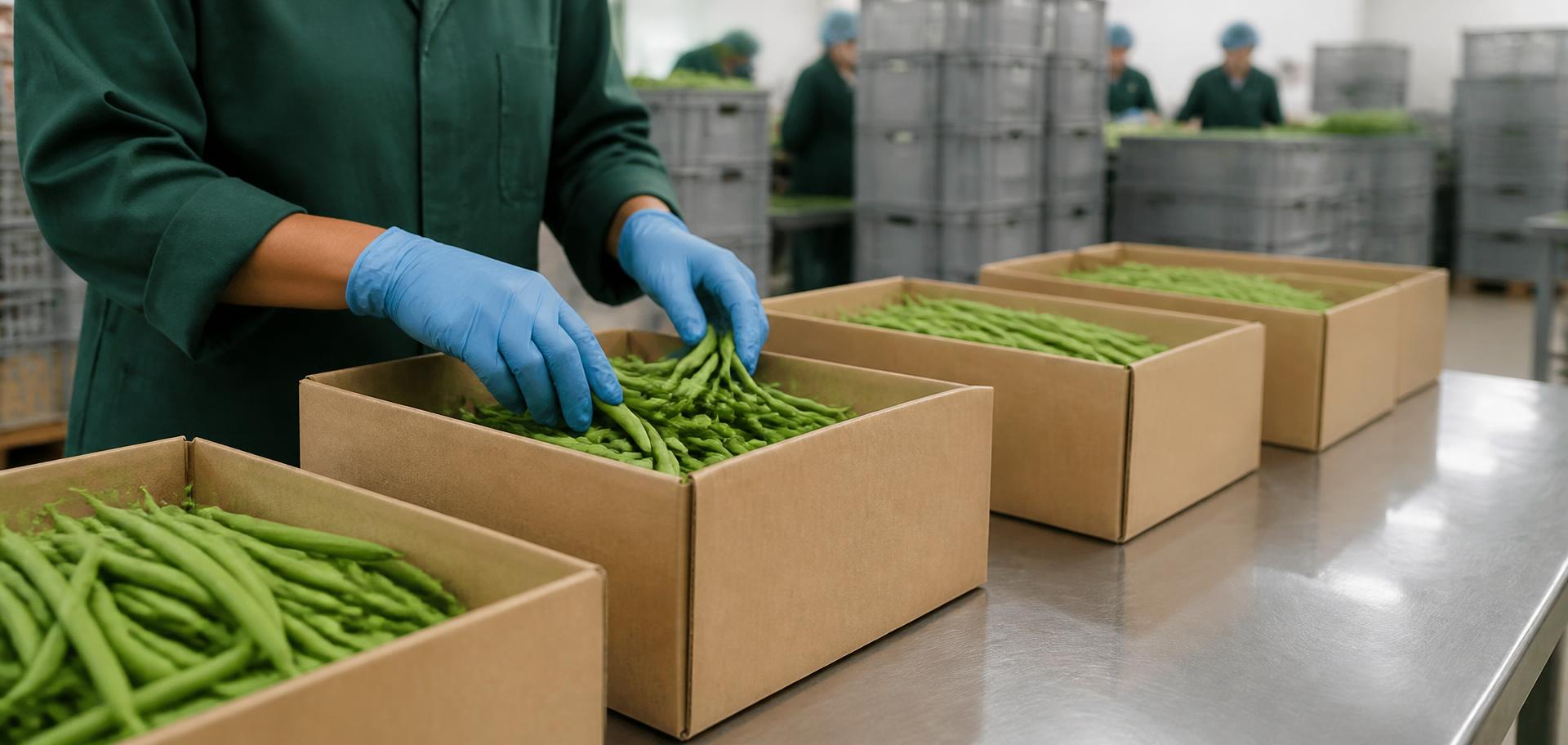 Gloved hands packing fresh green beans into export cartons