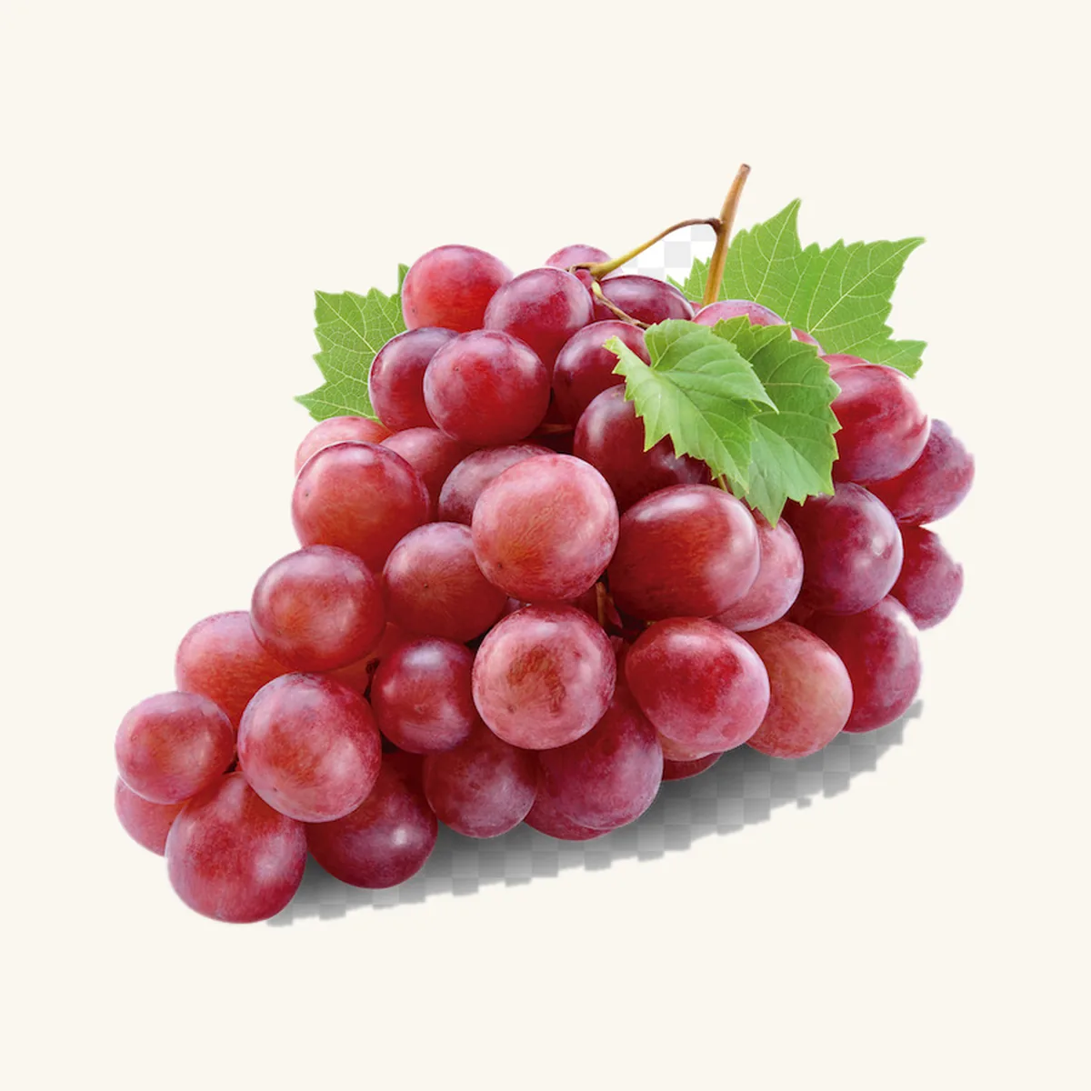 A bunch of fresh red grapes with vine leaves